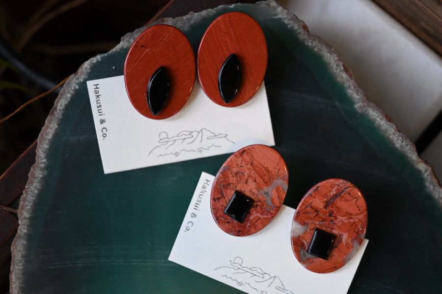 紅花耳針耳夾(橢圓)｜寶石拼圖 