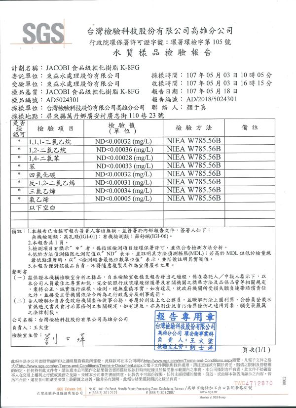 ADD無溶劑樹脂濾心 《KT33型》認證樹脂 