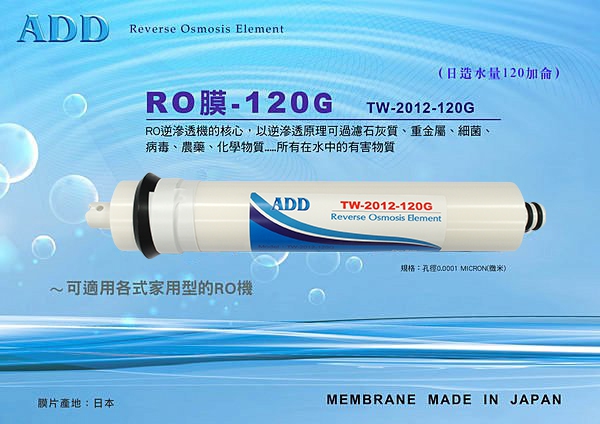 NSF 58認證 ADD 120G RO膜 (日造水量120加侖、日本膜片)  