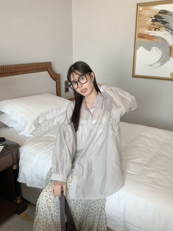 收集美好 寬鬆日系澎袖長版襯衫 (3色) 