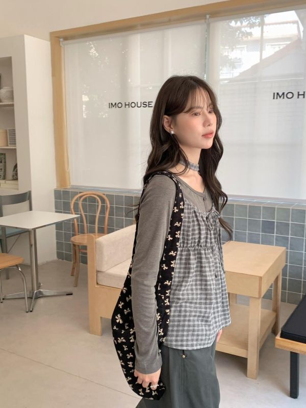 春日微霧感  細格綁帶背心+薄罩衫兩件套 韓系溫柔疊穿 （2色） 