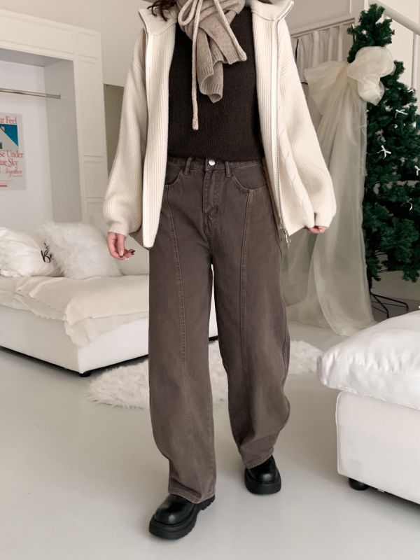 甜栗線條 顯瘦彎刀褲 高腰修身 秋冬百搭長褲（3色） 