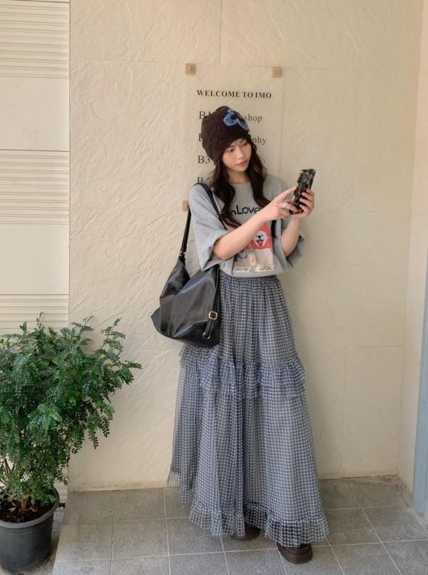 霧夜格紋長裙 紗層荷葉裙（4色） 