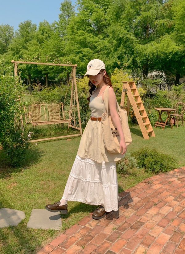當個奶油味甜系女孩 百搭方領吊帶連身裙（配腰帶） 