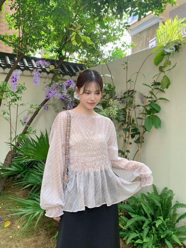英倫花園日常 格紋抓皺上衣 收腰顯瘦款（2色） 