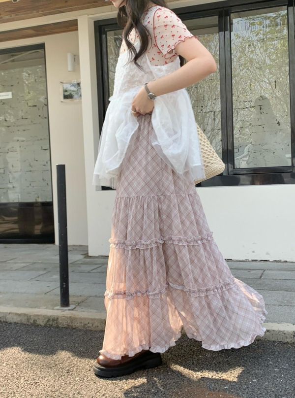 奶油花園格紋裙 春季新款 法式格紋裙 蛋糕裙 A字長裙 高腰顯瘦 氣質長裙 韓系穿搭（2色） 