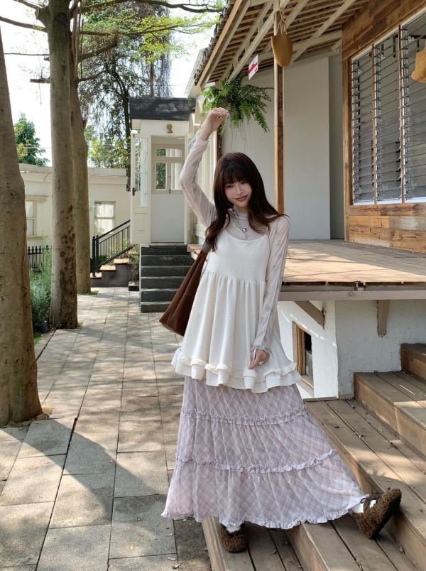 奶油花園格紋裙 春季新款 法式格紋裙 蛋糕裙 A字長裙 高腰顯瘦 氣質長裙 韓系穿搭（2色） 