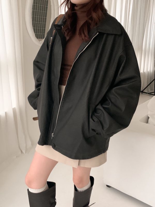 自訂款 慢生活的衣櫥裡 霧感皮外套 落肩寬版 不挑人穿 質感霧面皮革外套（2色） 