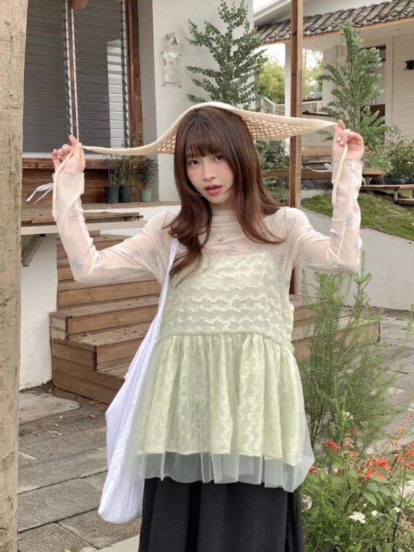花霧蕾絲網紗背心 韓系甜美網紗背心 小隻女孩百搭疊穿（3色） 