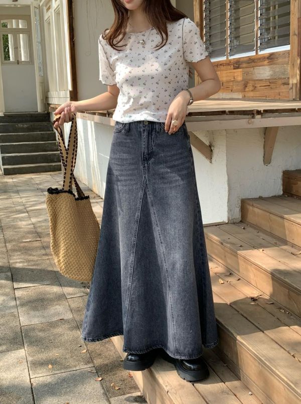 塞納河畔 牛仔長裙 韓系高腰A字牛仔裙 顯瘦顯腿長氣質長裙（S-XL) 