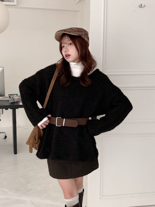 繫住溫柔 毛絨針織上衣＋麂皮腰帶 （2色） 