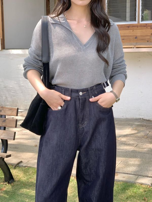 深夜街拍牛仔褲 韓系高腰顯瘦牛仔褲 女生百搭寬褲 復古深色牛仔褲（S-XL) 