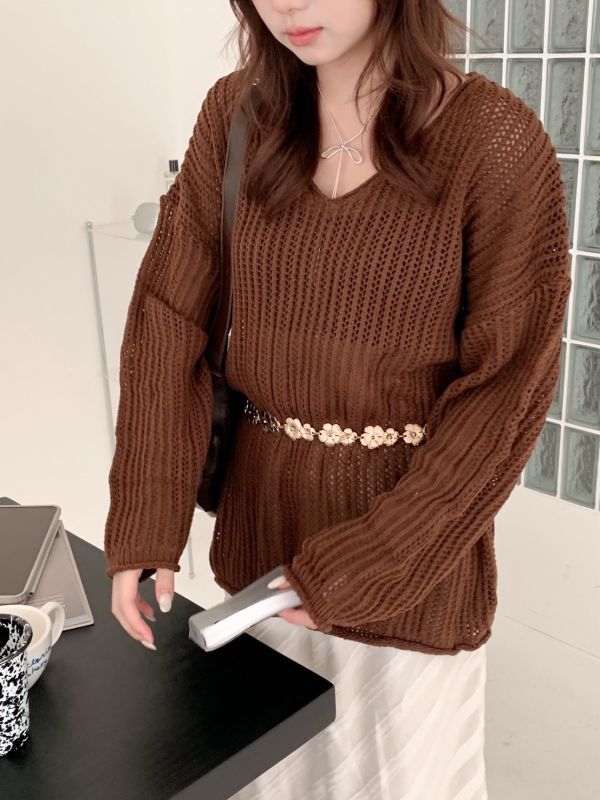 冬日溫暖系 洞洞針織上衣 V領寬鬆版（3色） 