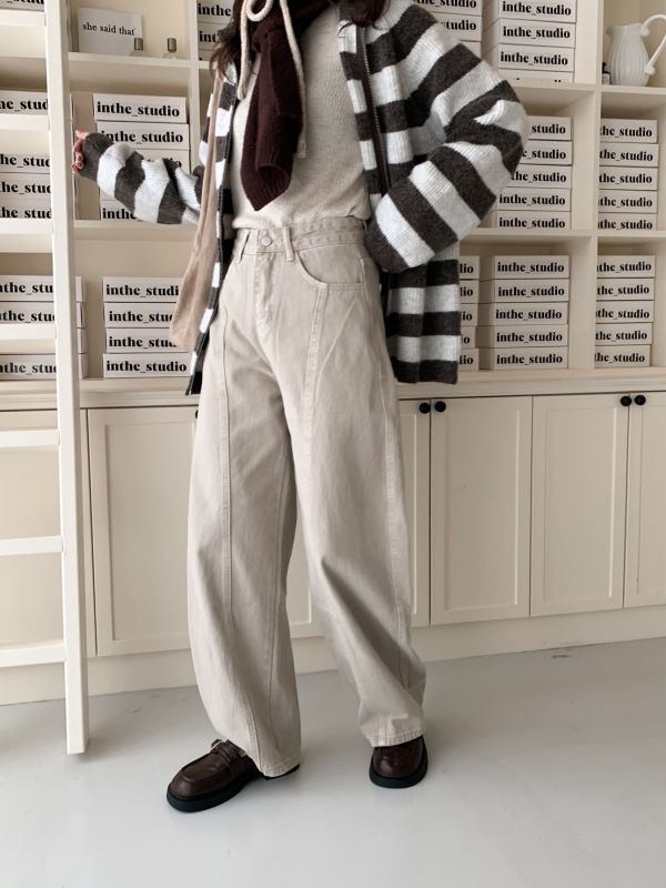 甜栗線條 顯瘦彎刀褲 高腰修身 秋冬百搭長褲（3色） 