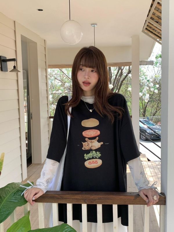貓咪午餐漢堡印花T  寬鬆短袖上衣 百搭休閒T（6色） 