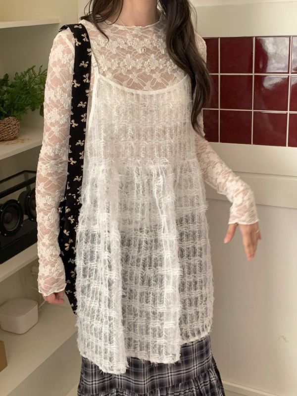 月光輕紗細肩背心 韓系透膚感蕾絲背心（3色） 