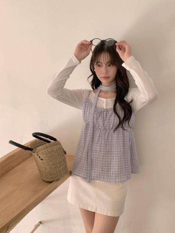春日微霧感  細格綁帶背心+薄罩衫兩件套 韓系溫柔疊穿 （2色） 