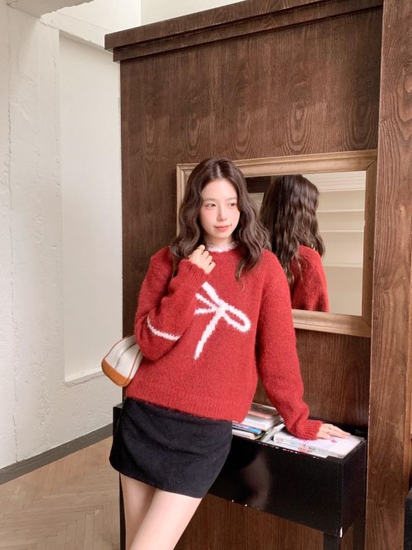 蝴蝶緋語 韓系蝴蝶結毛感針織上衣 可愛不幼稚 顯白配色 柔軟不刺癢 秋冬百搭必收（3色） 