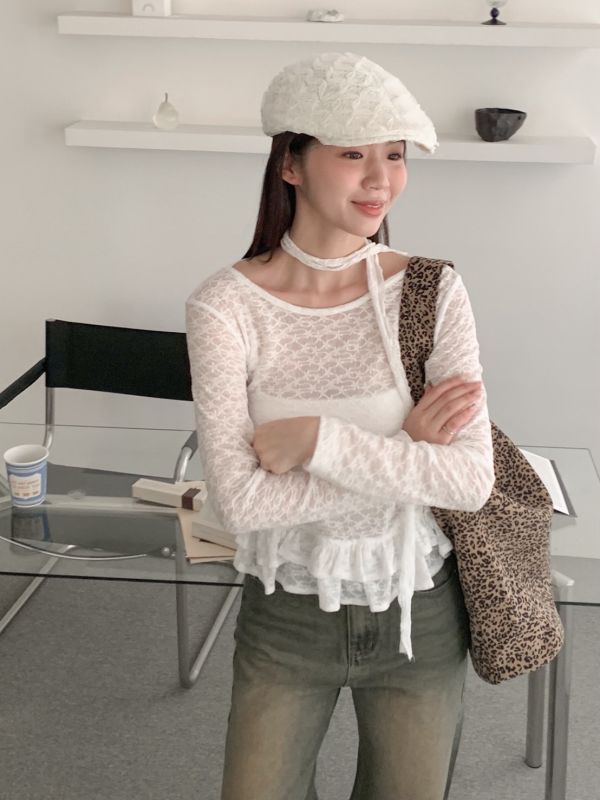 寫著初秋的少女筆記 透膚蕾絲背心（附綁帶） 