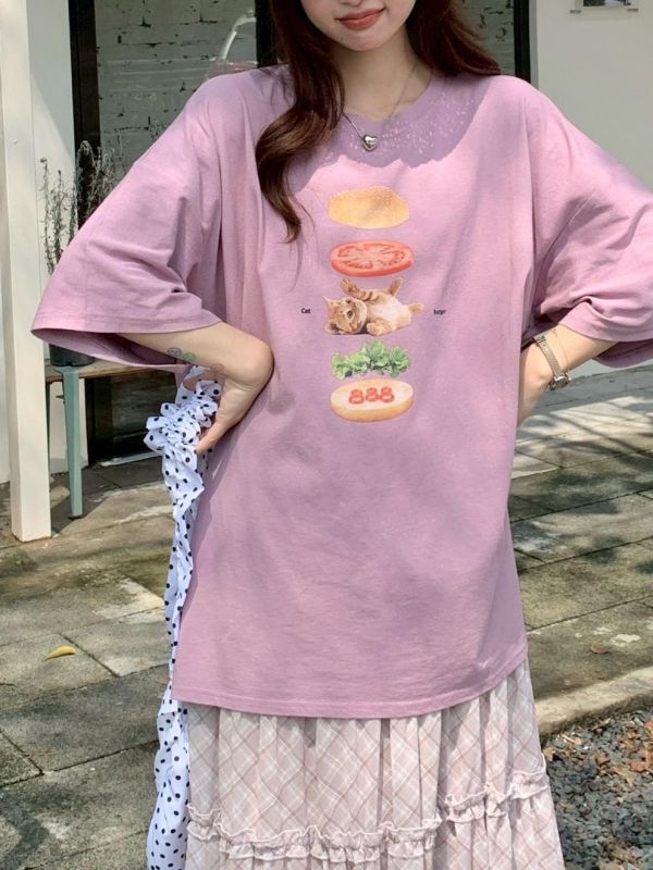貓咪午餐漢堡印花T  寬鬆短袖上衣 百搭休閒T（6色） 