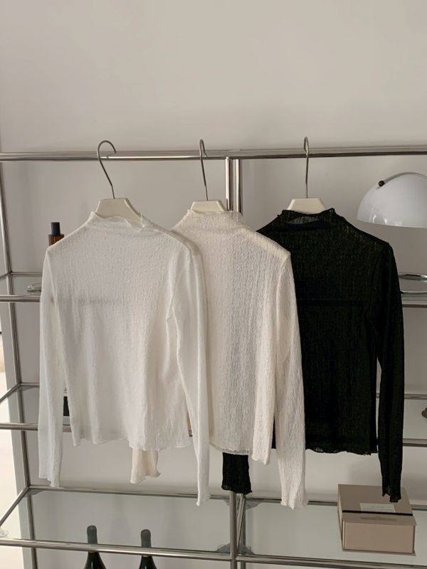 柔和打底 皺皺透膚高領長袖上衣 法式內搭 捲邊設計 百搭打底衫 （3色） 