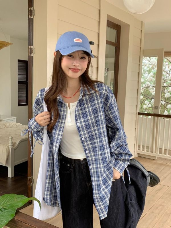 海岸微風格紋襯衫 韓系格紋襯衫 抽繩袖襯衫 長袖襯衫 寬鬆顯瘦 百搭襯衫（2色） 