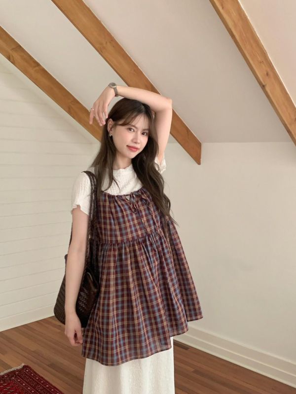 英倫週末日記 格紋細肩洋裝 輕甜版型背心（2色） 