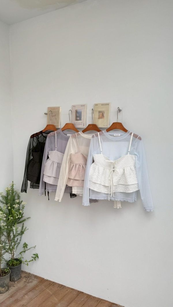 法式微甜 透膚紗感內搭＋立體花紋澎澎背心套裝（4色） 