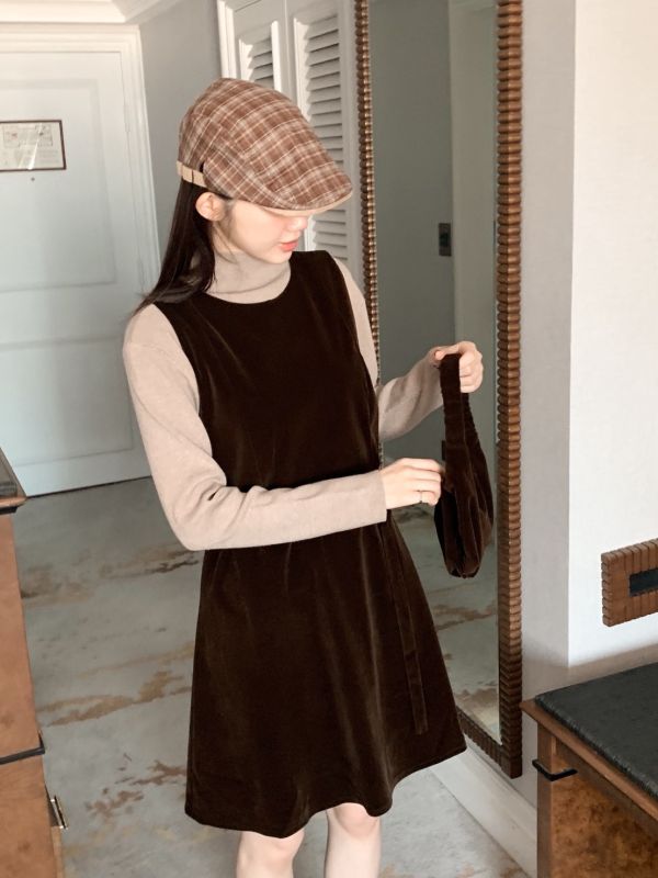 韓系天鵝絨光氣質綁帶小禮服  附贈包包 約會必收 