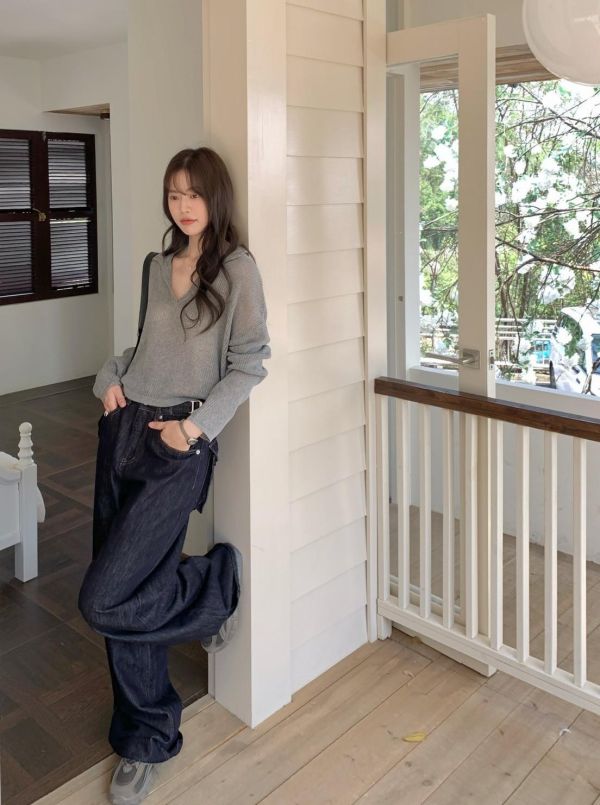 深夜街拍牛仔褲 韓系高腰顯瘦牛仔褲 女生百搭寬褲 復古深色牛仔褲（S-XL) 