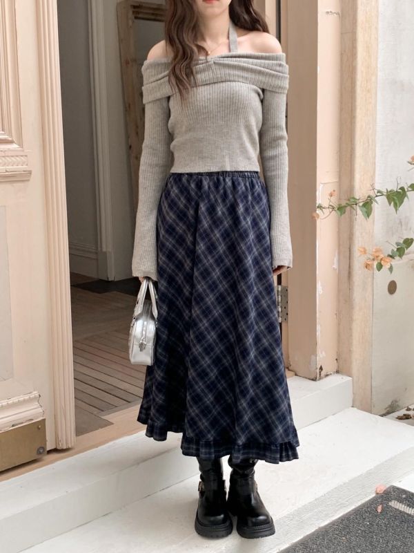京都日落 日系復古格紋長裙 顯瘦A字版型 鬆緊腰不勒 垂墜好走路秋冬百搭必收（2色） 