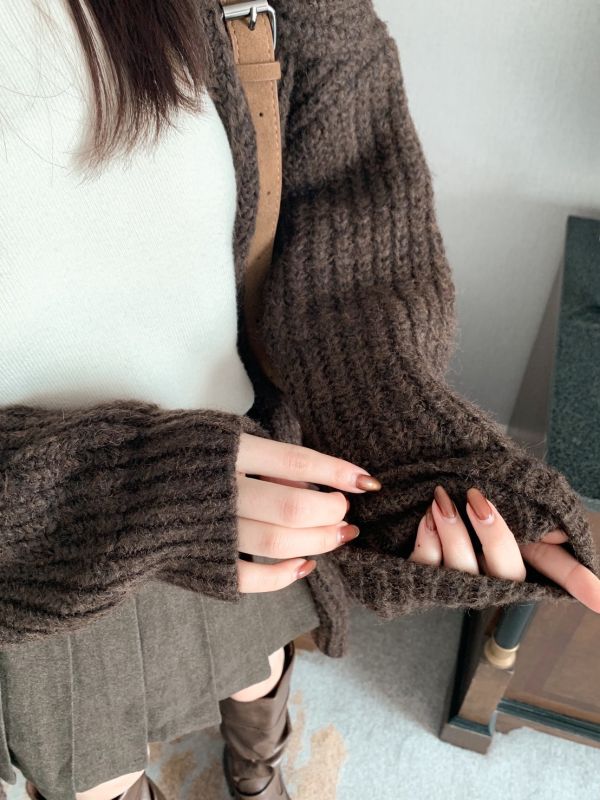 韓系熱可可軟毛針織 大領口拉鍊外套 