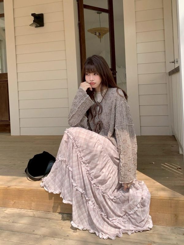 奶油花園格紋裙 春季新款 法式格紋裙 蛋糕裙 A字長裙 高腰顯瘦 氣質長裙 韓系穿搭（2色） 