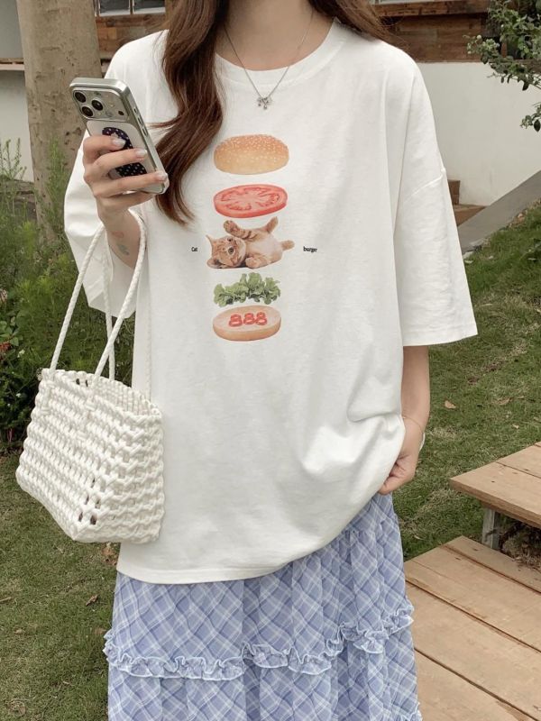 貓咪午餐漢堡印花T  寬鬆短袖上衣 百搭休閒T（6色） 