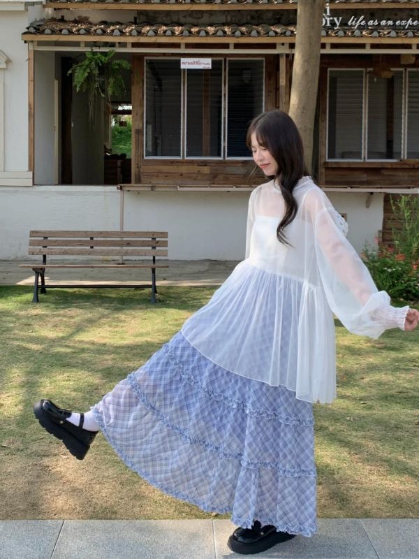 奶油花園格紋裙 春季新款 法式格紋裙 蛋糕裙 A字長裙 高腰顯瘦 氣質長裙 韓系穿搭（2色） 
