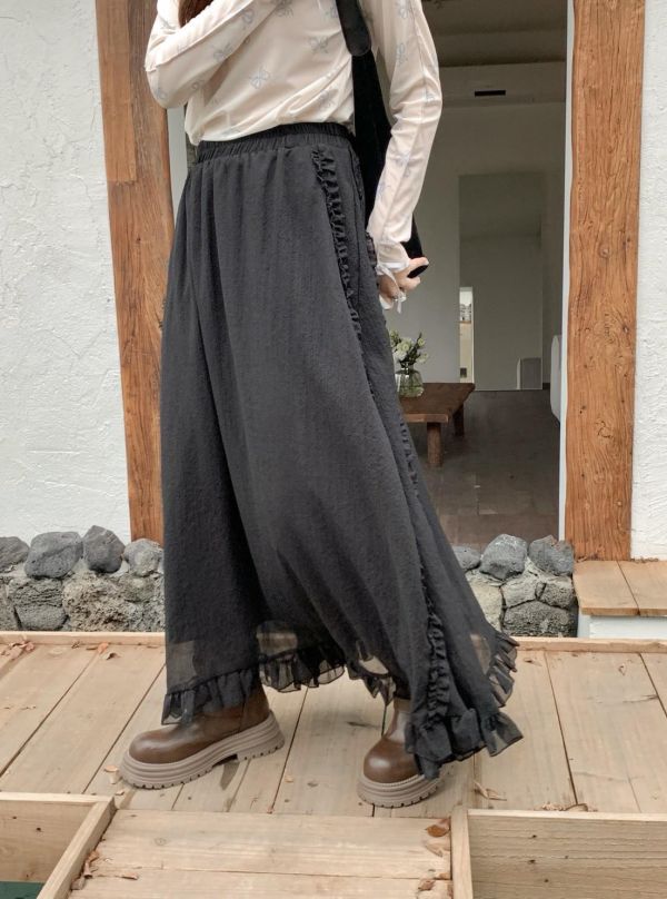 輕霧漫步 荷葉裙 韓系飄逸顯瘦長裙 百搭氣質半身裙（3色） 