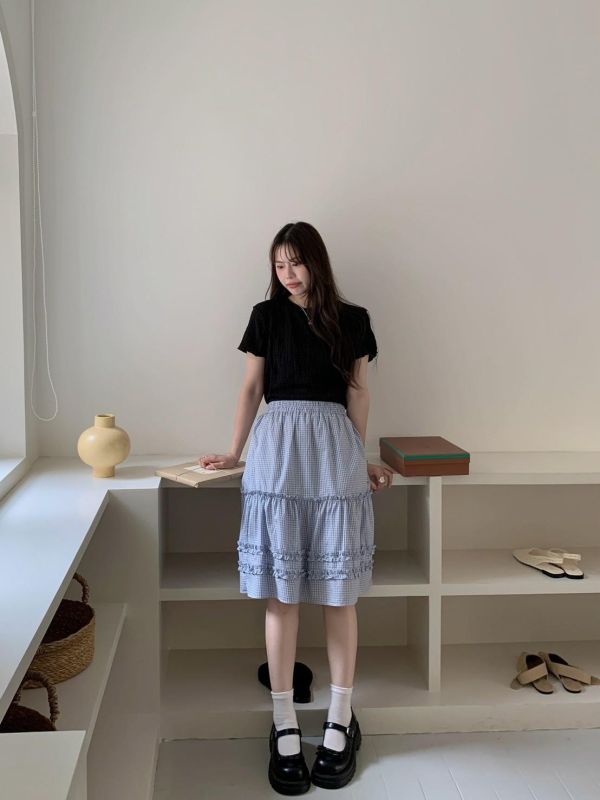 日光氛圍格紋蛋糕長裙 鬆緊腰顯瘦設計 輕甜層次感 慵懶百搭半身裙（多色） 