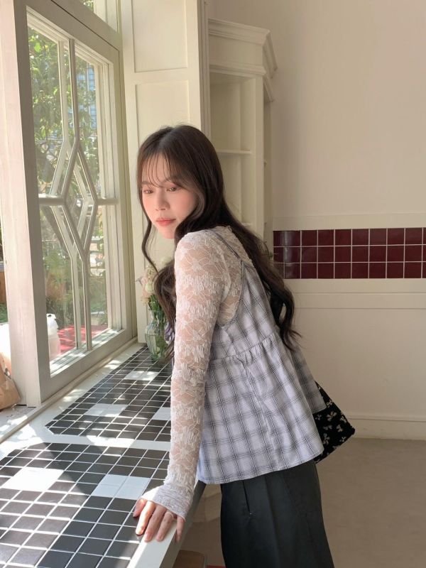 奶霧初戀 格紋細肩小背心 韓系小可愛上衣 顯瘦小隻女孩必收 