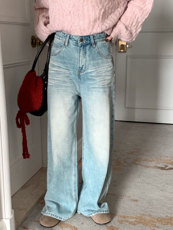 藍調時光 貓抓紋 復古刷色寬褲顯腿長版 百搭不挑人牛仔褲 