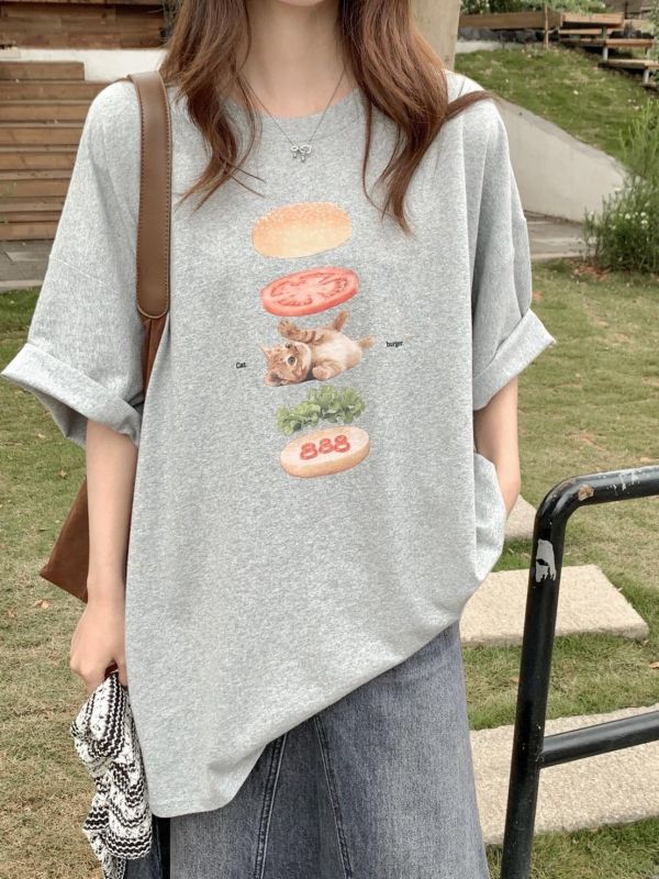 貓咪午餐漢堡印花T  寬鬆短袖上衣 百搭休閒T（6色） 