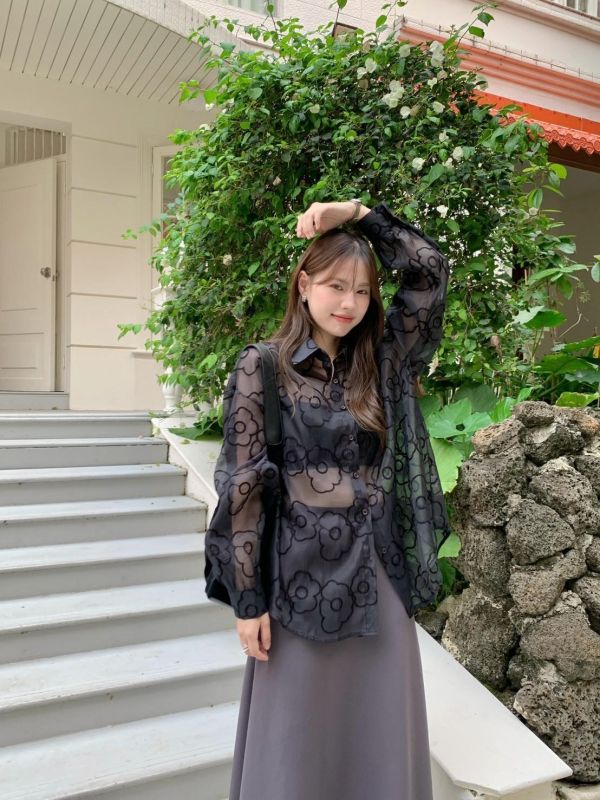 渡假氛圍花花透紗襯衫 後綁帶設計 微透感小性感 寬鬆顯瘦襯衫（3色） 