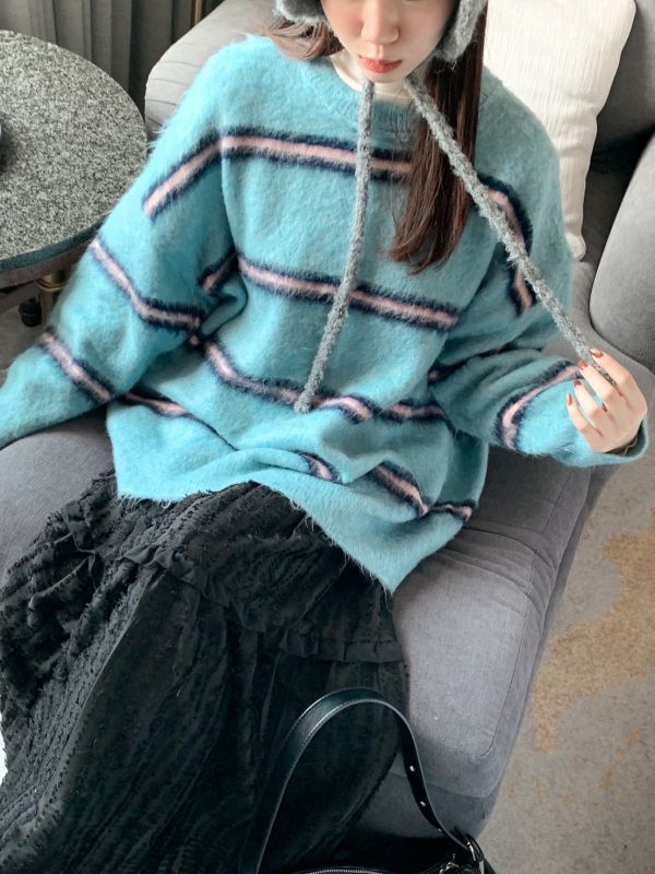 糖霜電波 毛絨條紋寬鬆針織上衣 冬日軟萌百搭款（3色） 