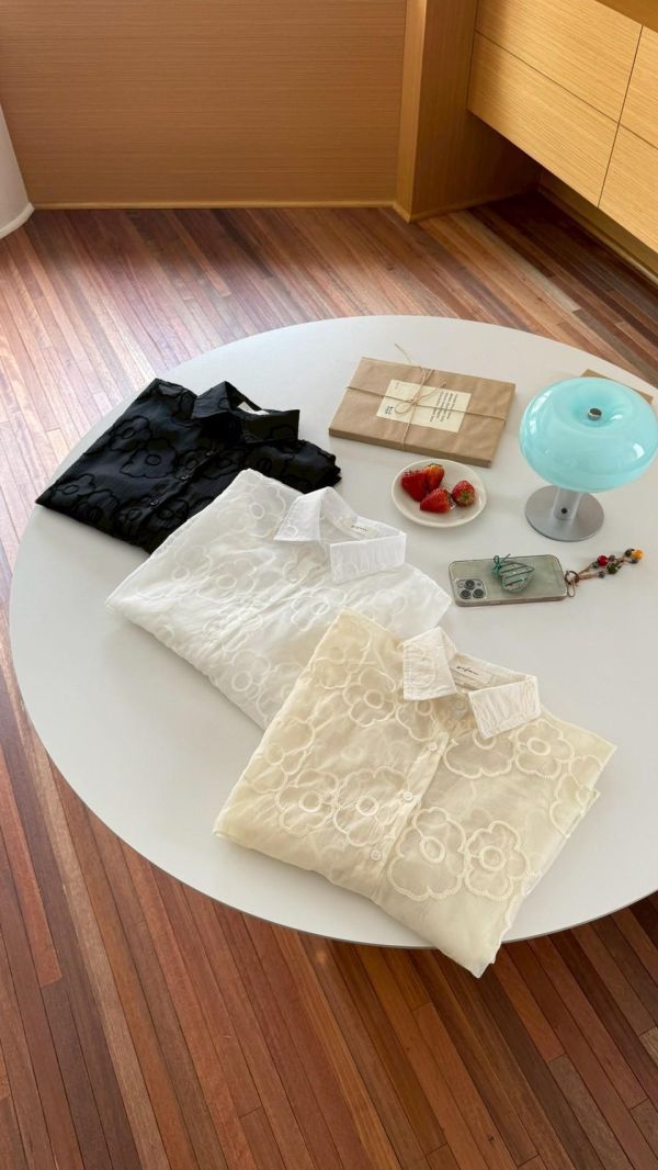 渡假氛圍花花透紗襯衫 後綁帶設計 微透感小性感 寬鬆顯瘦襯衫（3色） 