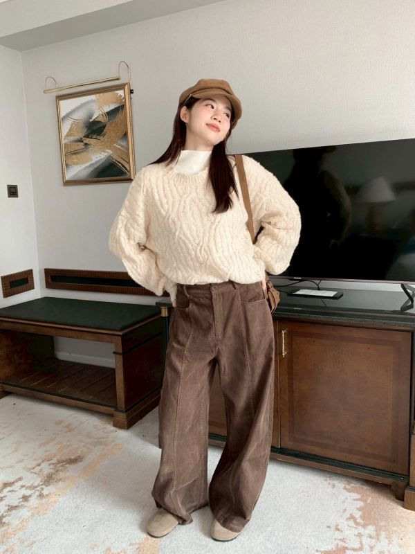 自訂款 煙燻玫瑰 暖光燈芯絨直筒寬褲 溫柔與質感的冬日組合 