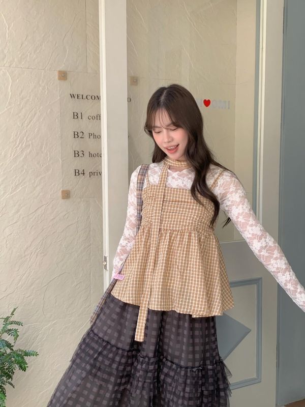 初戀日記 格紋背心 韓系甜感小可愛 顯瘦傘狀上衣（3色） 