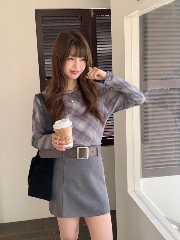 晨霧格紋上衣 春季新款 韓系暈染上衣 長袖打底上衣 修身顯瘦 薄款內搭 氣質穿搭（3色） 