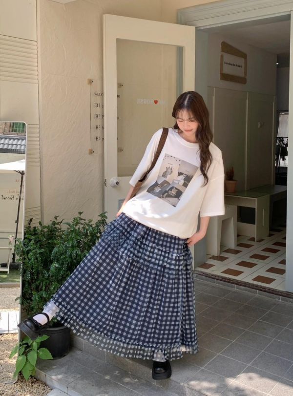 霧夜格紋長裙 紗層荷葉裙（4色） 