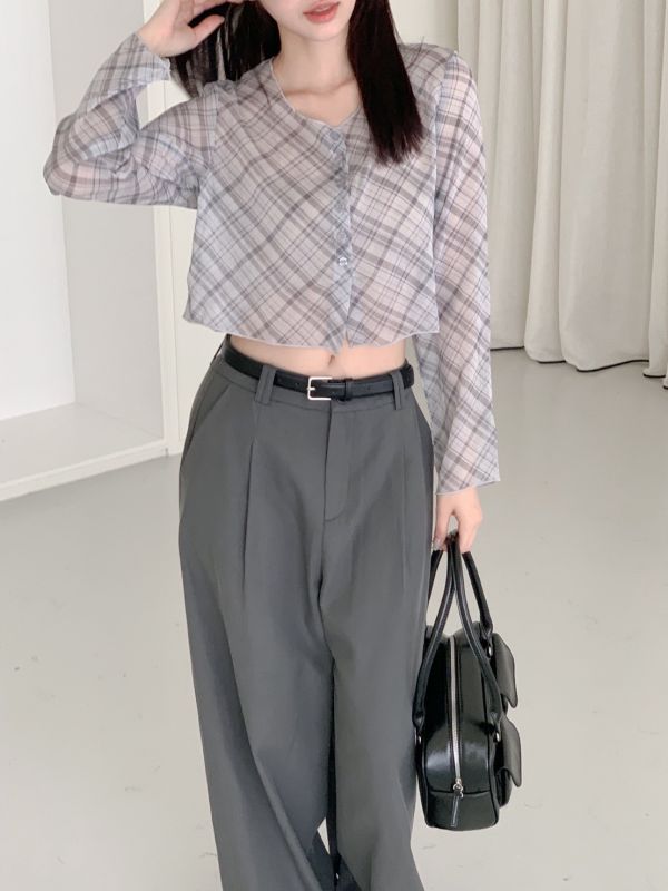 慵懶格紋排扣短板上衣 