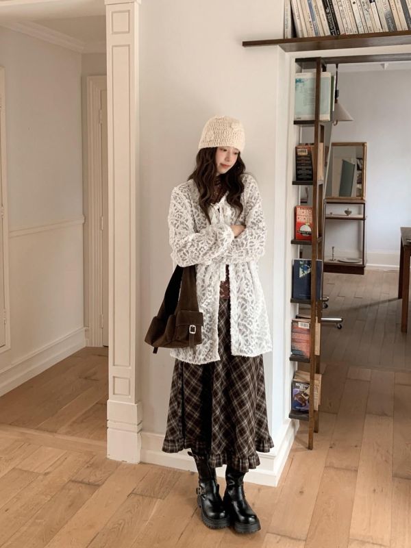 京都日落 日系復古格紋長裙 顯瘦A字版型 鬆緊腰不勒 垂墜好走路秋冬百搭必收（2色） 