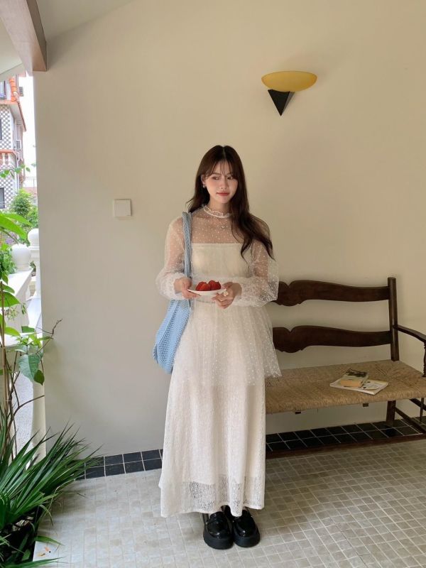 柔霧戀愛濾鏡 點點透紗上衣 層次蛋糕感 微透輕甜長袖上衣（3色） 